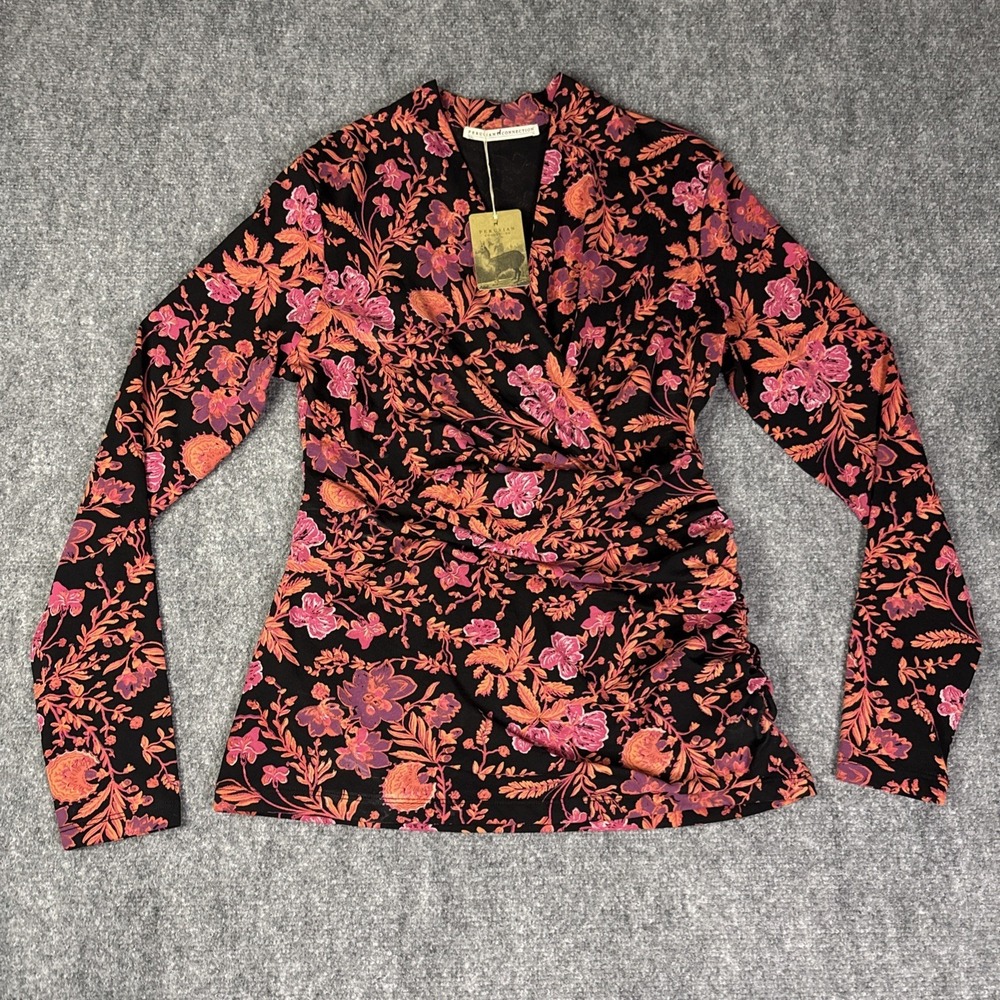 Peruvian Connection Glacier Floral Ruched Faux Wrap Top Cotton M